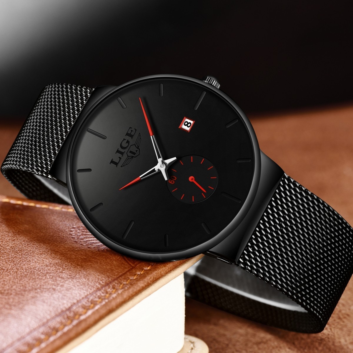LIGE Men Watch Quartz Analog Date Round Dial Business Mesh Strap Male Wristwatch