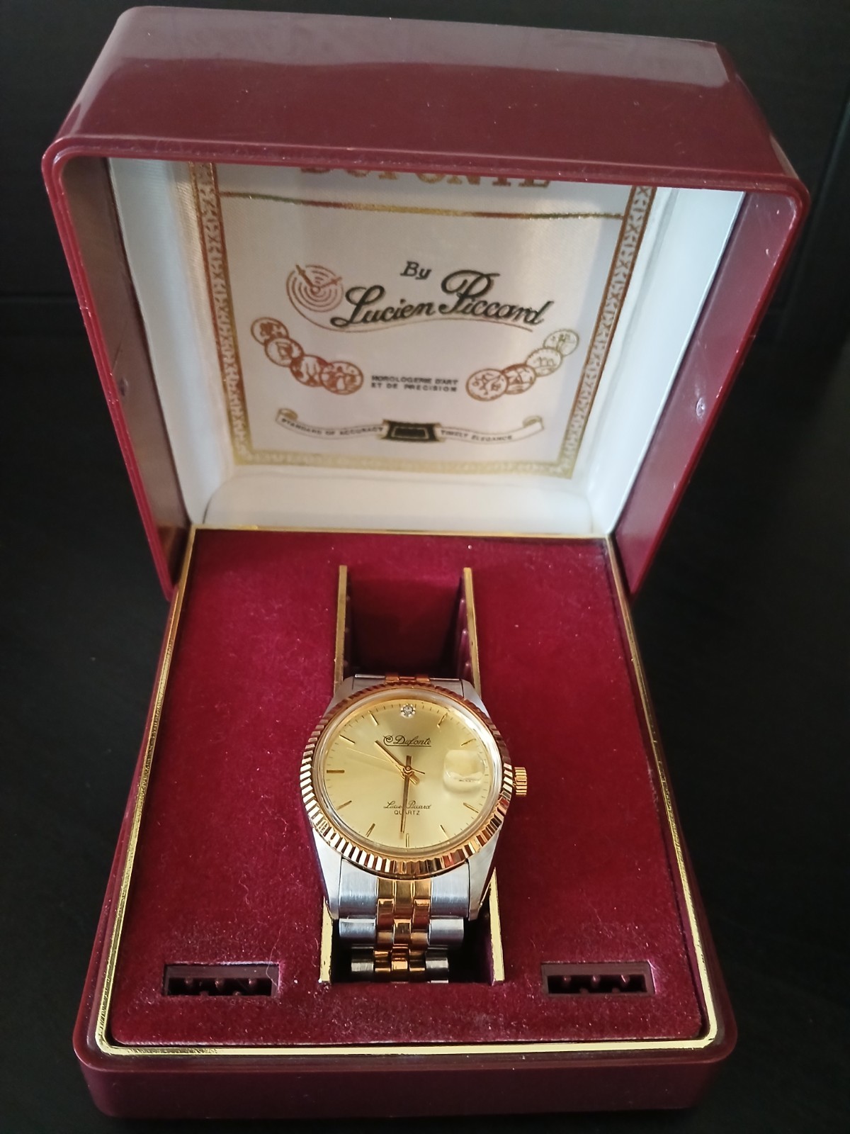 Vintage Watch Mens DUFONTE By Lucien Piccard Quartz Date plastic Box Japan Work