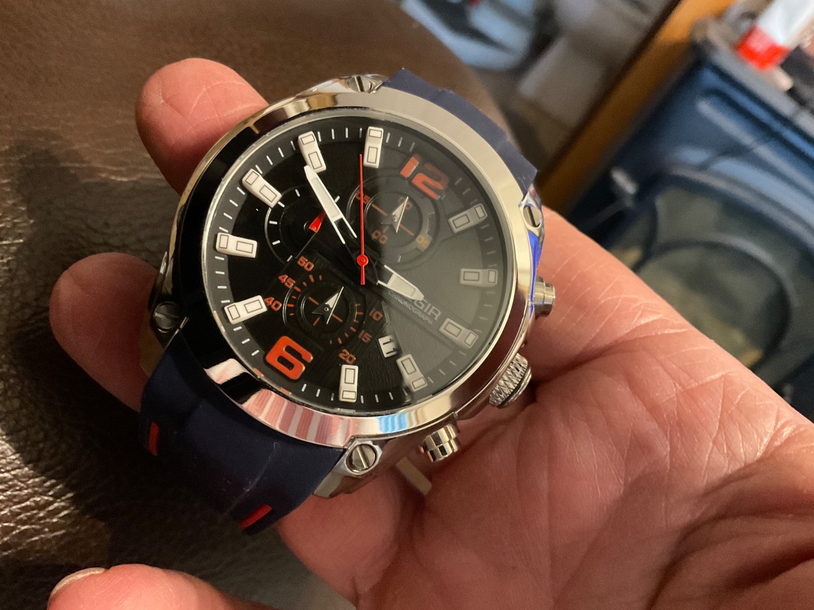 Megir mens chronograph timer quartz watch new batt mint red blue rubber nice!