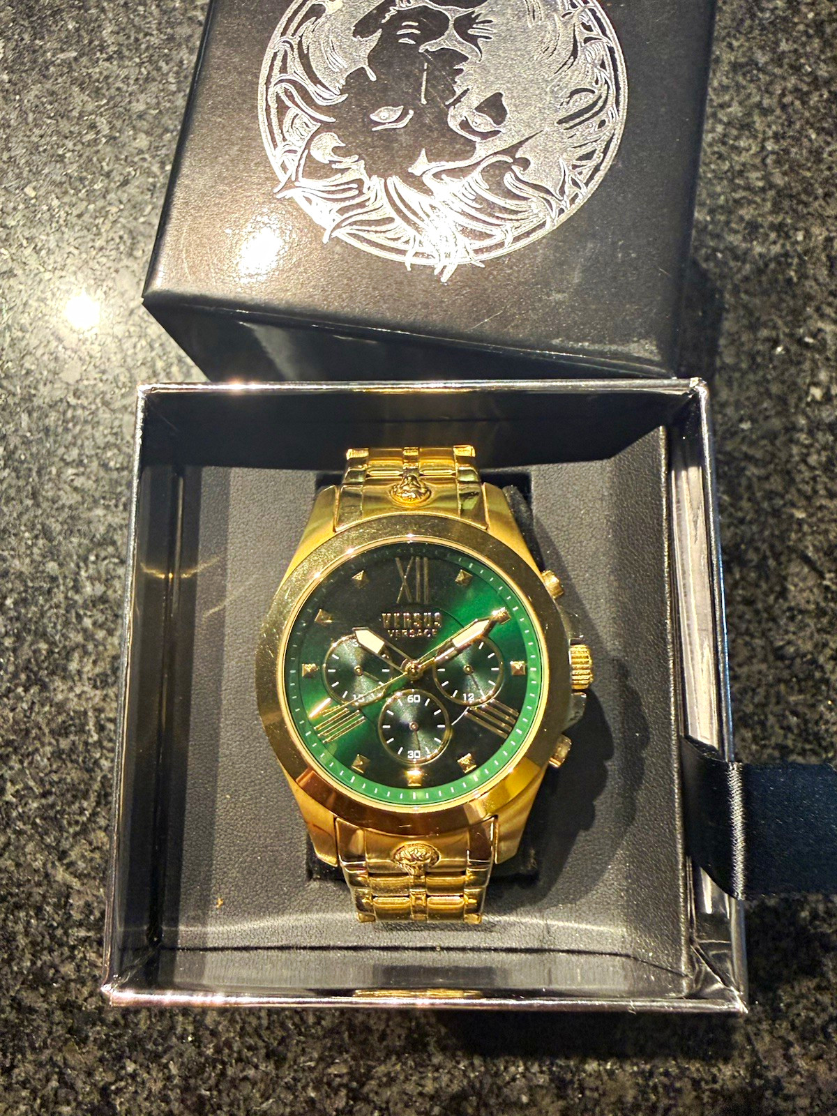 Versus Versace Quartz Green Dial Gold Tone SS 44mm Watch w/ Box