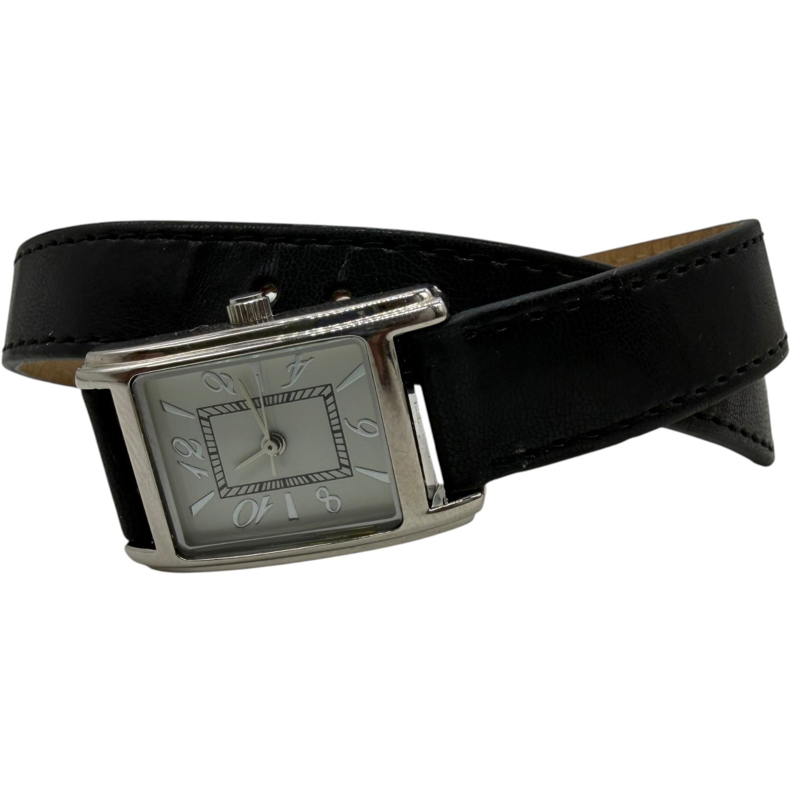 Double Wrap Strap Watch Silver Tone Rectangle Case Black Band