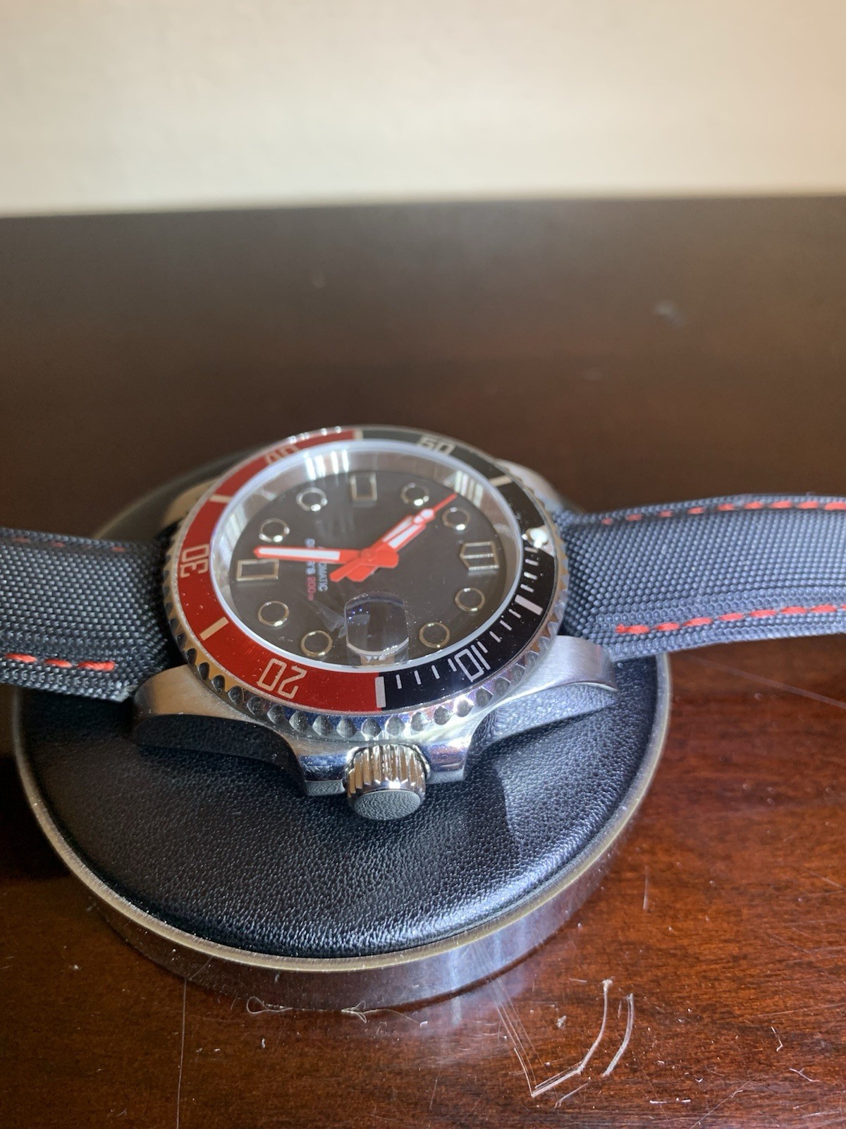 Automatic Diver Watch 200m Black Dial Red/Black Rotating Bezel Nylon Strap