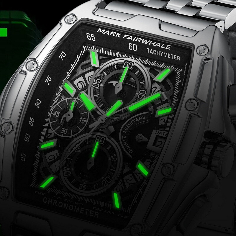 MARK FAIRWHALE Tonneau Multifunction Chronograph Calendar Luminous Quartz Watch