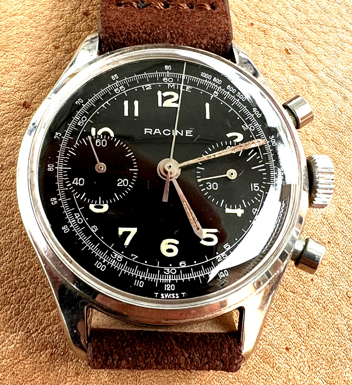 Vintage Racine Gallet Chronograph wristwatch gilt glossy black Steel 1950s Works