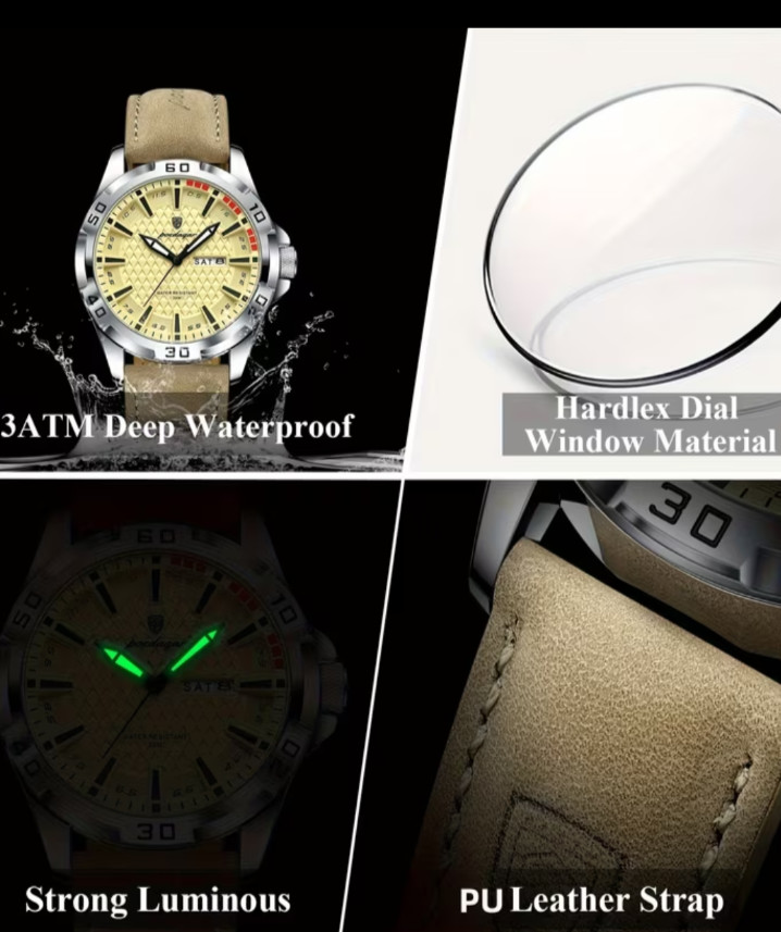 POEDAGAR Men’S Designer Timepiece, Elegant And Opulent Faux Leather Sports Calen