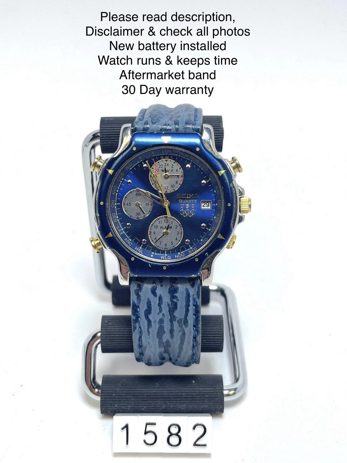 Seiko Quartz USA Olympic World Time Alarm Chrono Watch 5T52-6B08 Great Condition