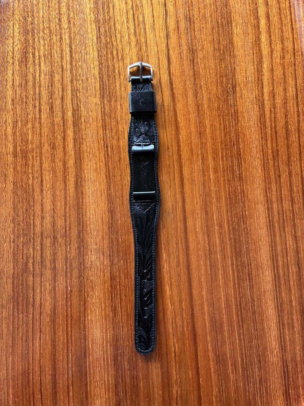 NOS Vintage JB Champion 15.5mm Hand Tooled Leather Bund Watch Strap Black Floral