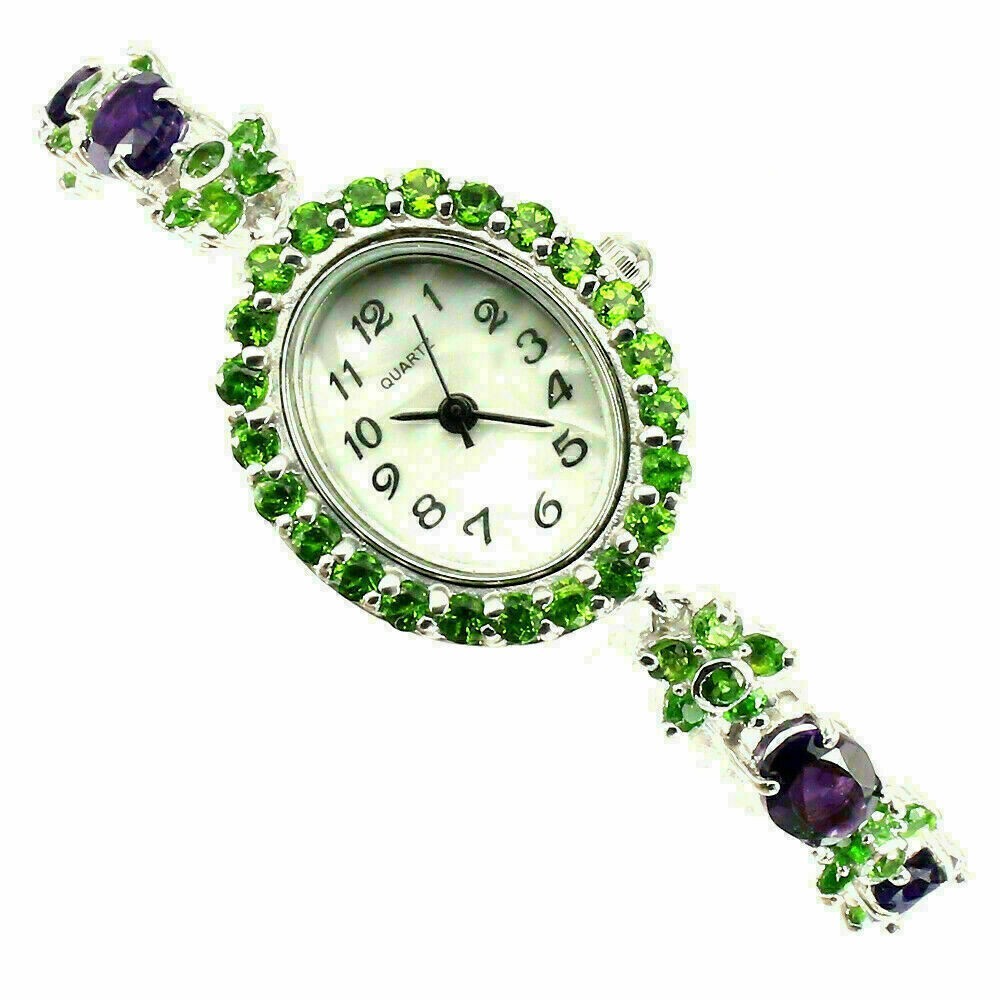 Silver Watch Chrome Diopside Amethyst Natural Gem Solid Sterling 7.75 Inch