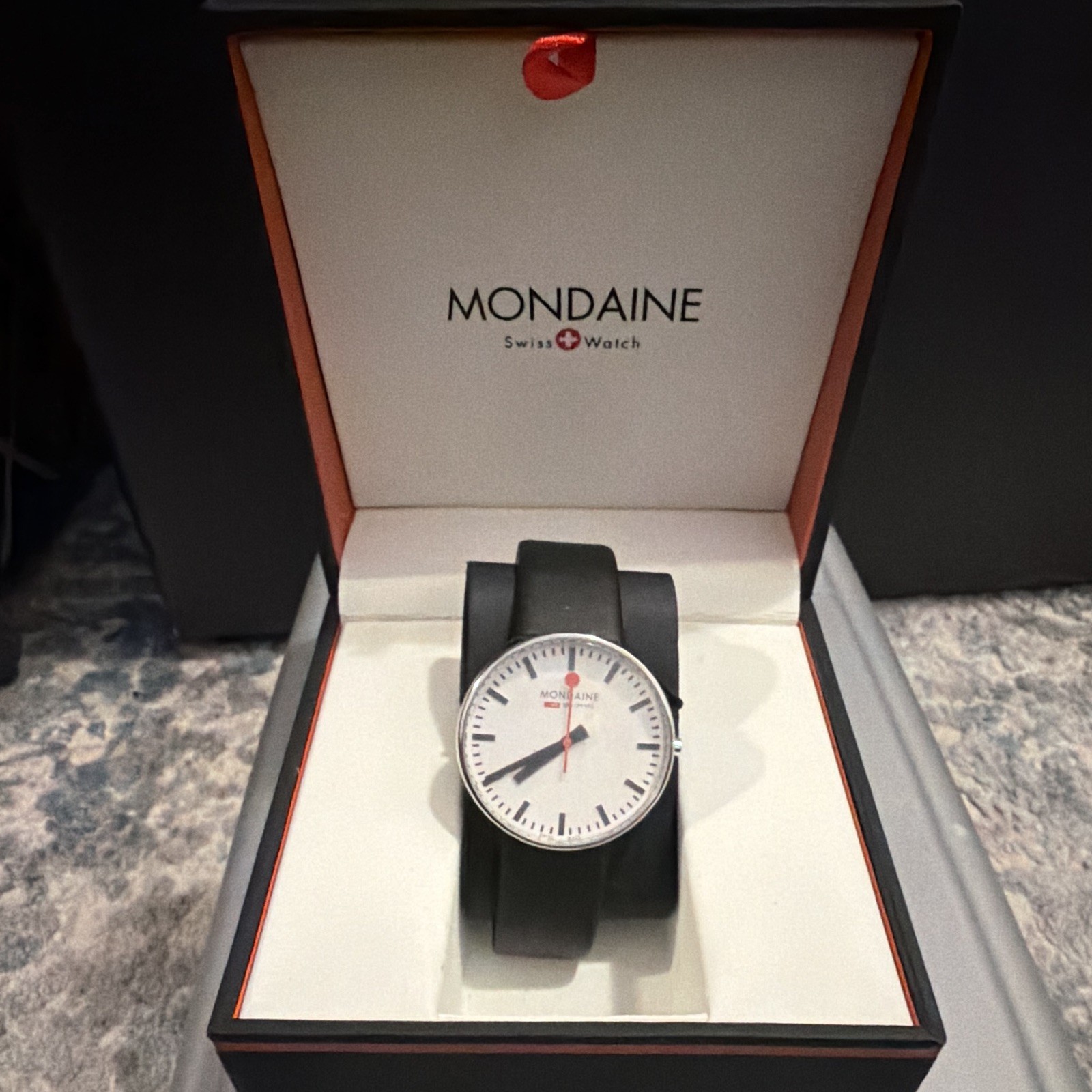 Mondaine Swiss Watch Quartz Analog White Dial Black Rubber Strap w/Box