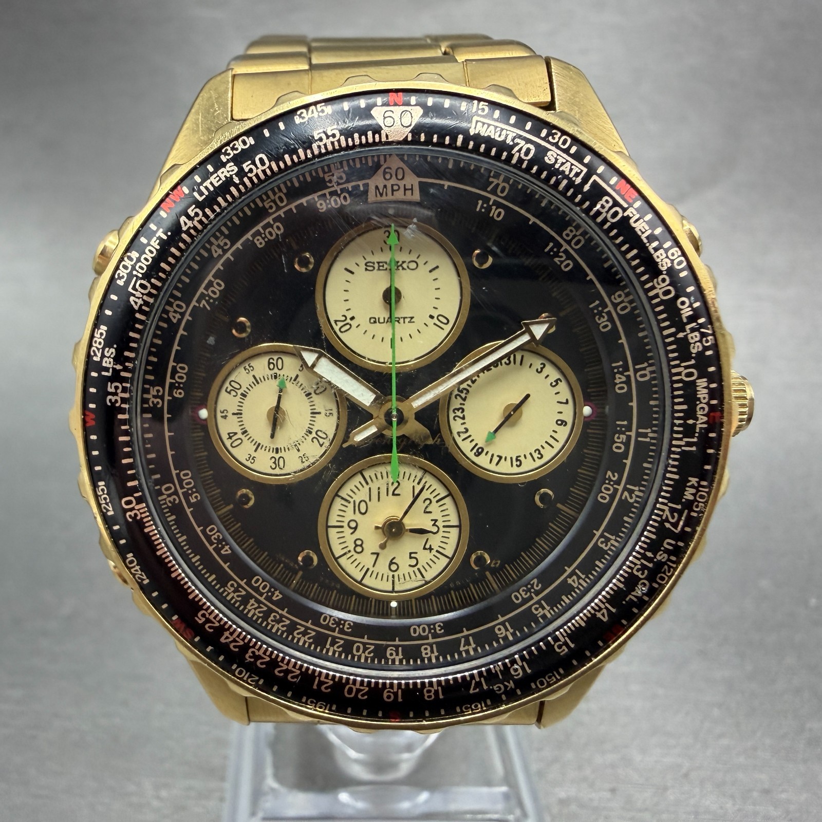 Seiko Flightmaster Chronograph Watch Men 42mm Black Dial Gold Tone Date New BatK