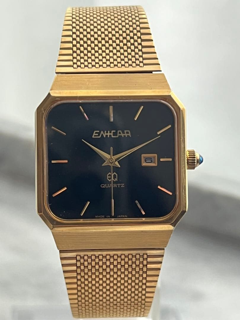 ENICAR Quartz Date Gold Dial 18.5cm 7.28in Wrist Stainless Working Watct Japan