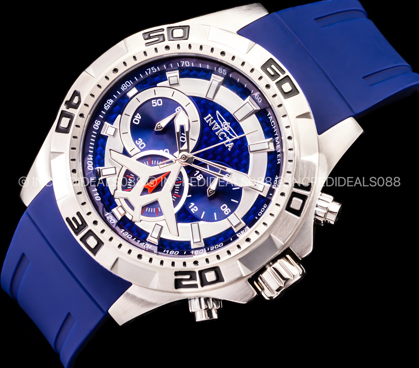 Invicta Mens AVIATOR Multi Function Blue Glass Fiber Dial Blue Strap SS Watch