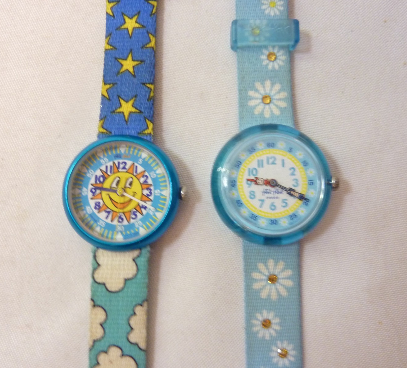 LOT OF 2 Cute Swiss Flik Flak Unisex Kids Quartz Watches Sun Daisies Blue Works!