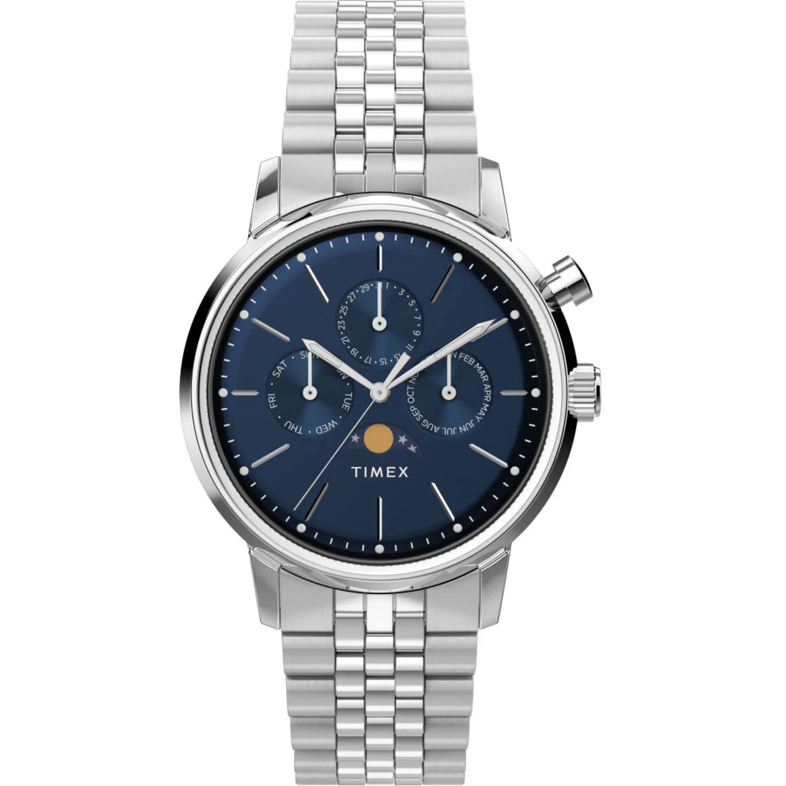 Timex Men’s Watch Marlin Moon Phase Blue Dial Silver Steel Bracelet TW2W51300JR