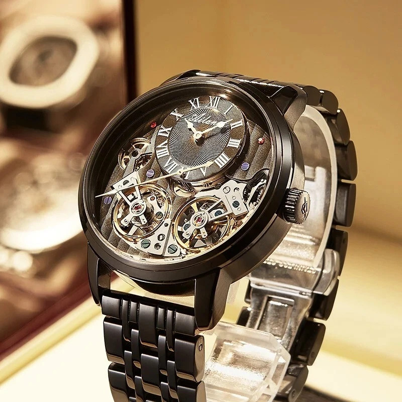 Tourbillon Watch Swiss Movement Black and White Dial Automatic Skeleton Design
