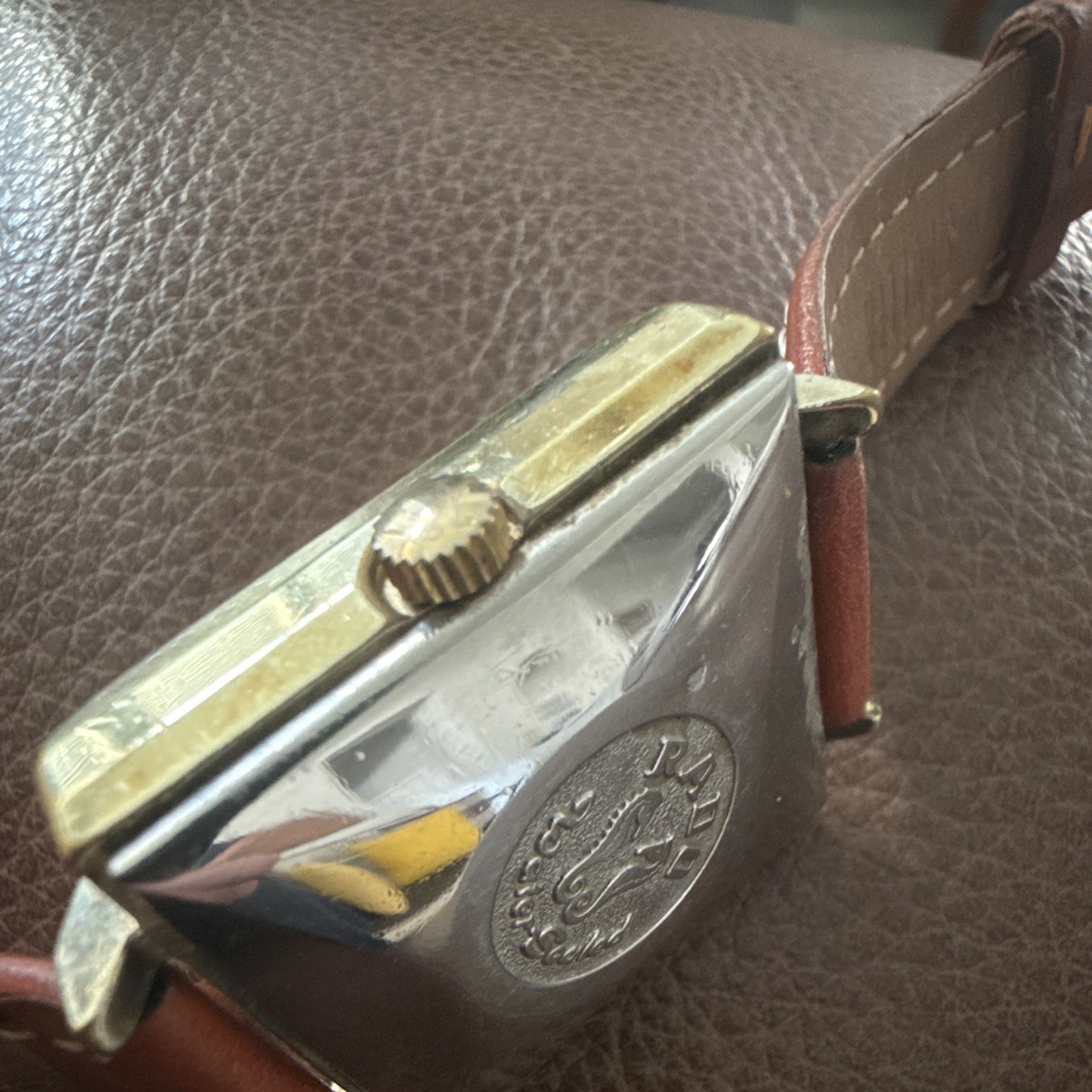 Rado Manhattan Swiss Automatic Day/Date Square Gold Dial Brown Leather Strap