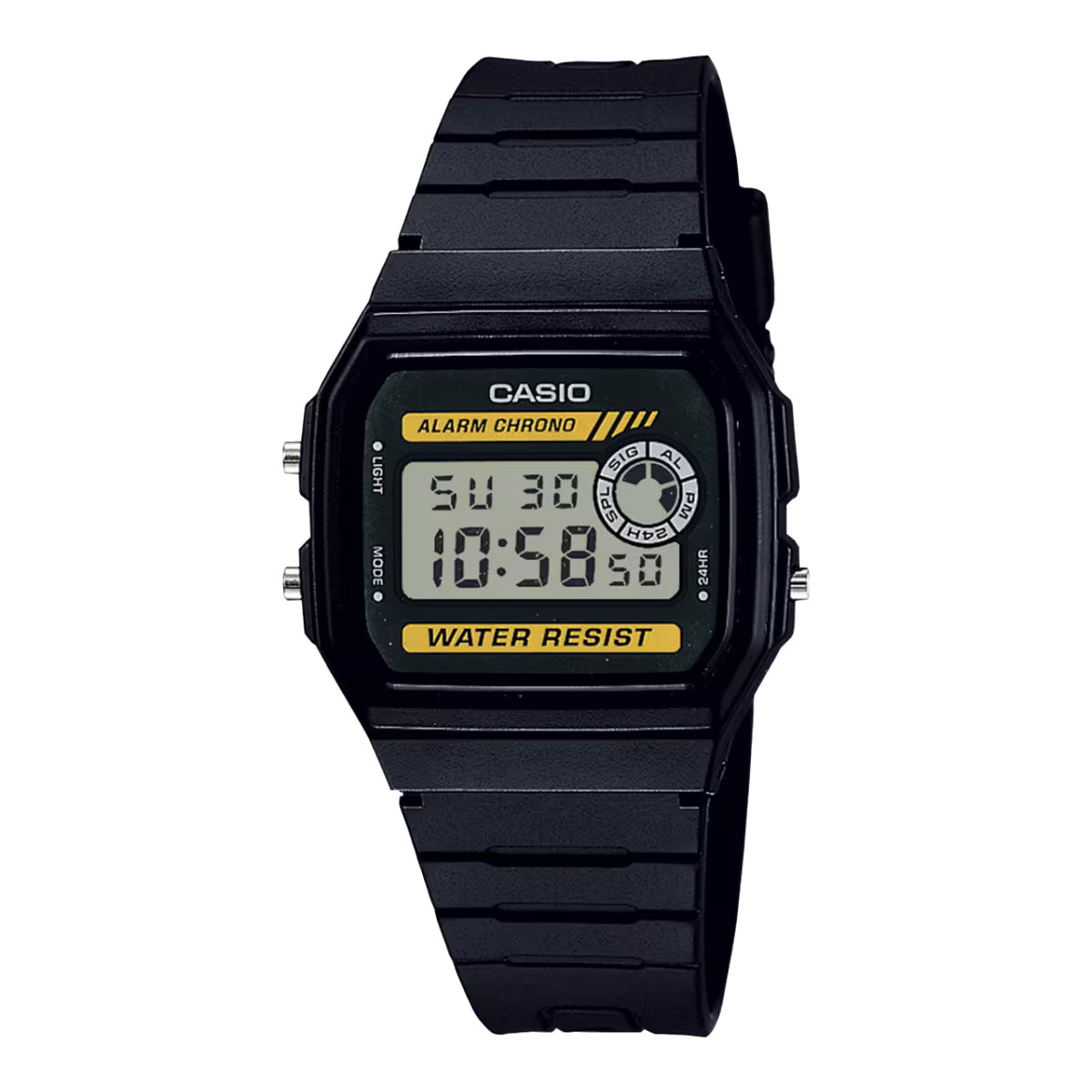 Casio F-94WA-9 Black Digital 30M WR Alarm Backlight Stopwatch Gold Accent Resin