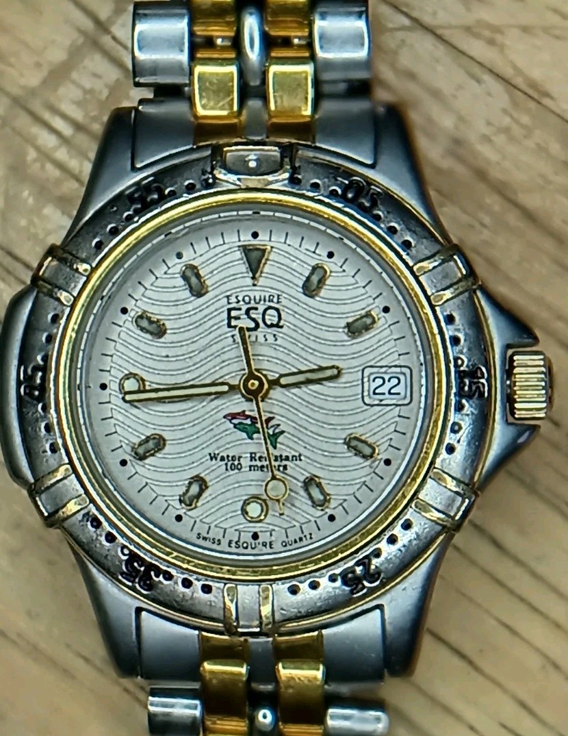 Esquire Swiss Ladies Quartz SS Dive Watch Two Tone Silver Gold 3 Hand Mvmt Date