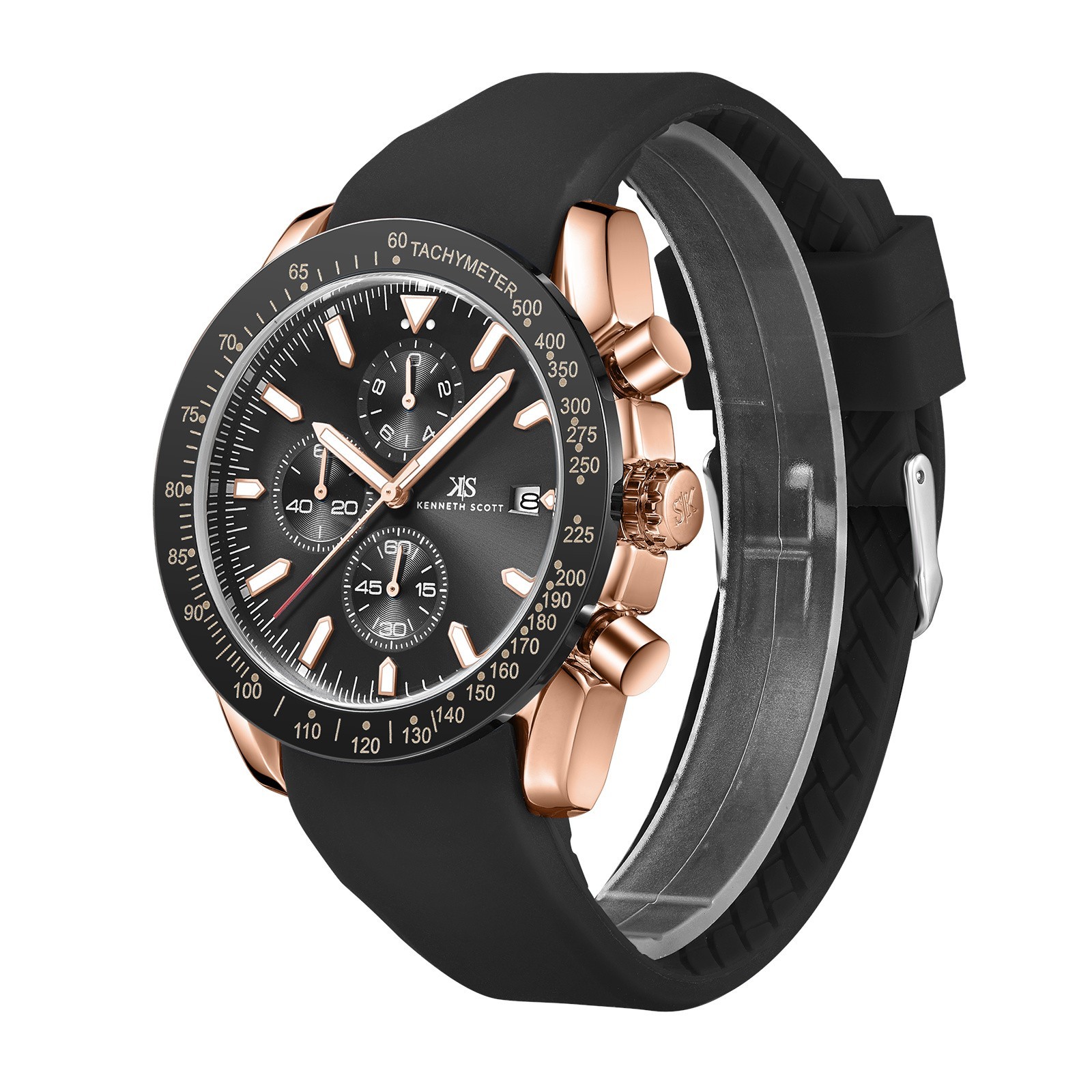 Kenneth Scott Men’s Chrono & Multi Function Watch | Black Dial, Rose Gold Case