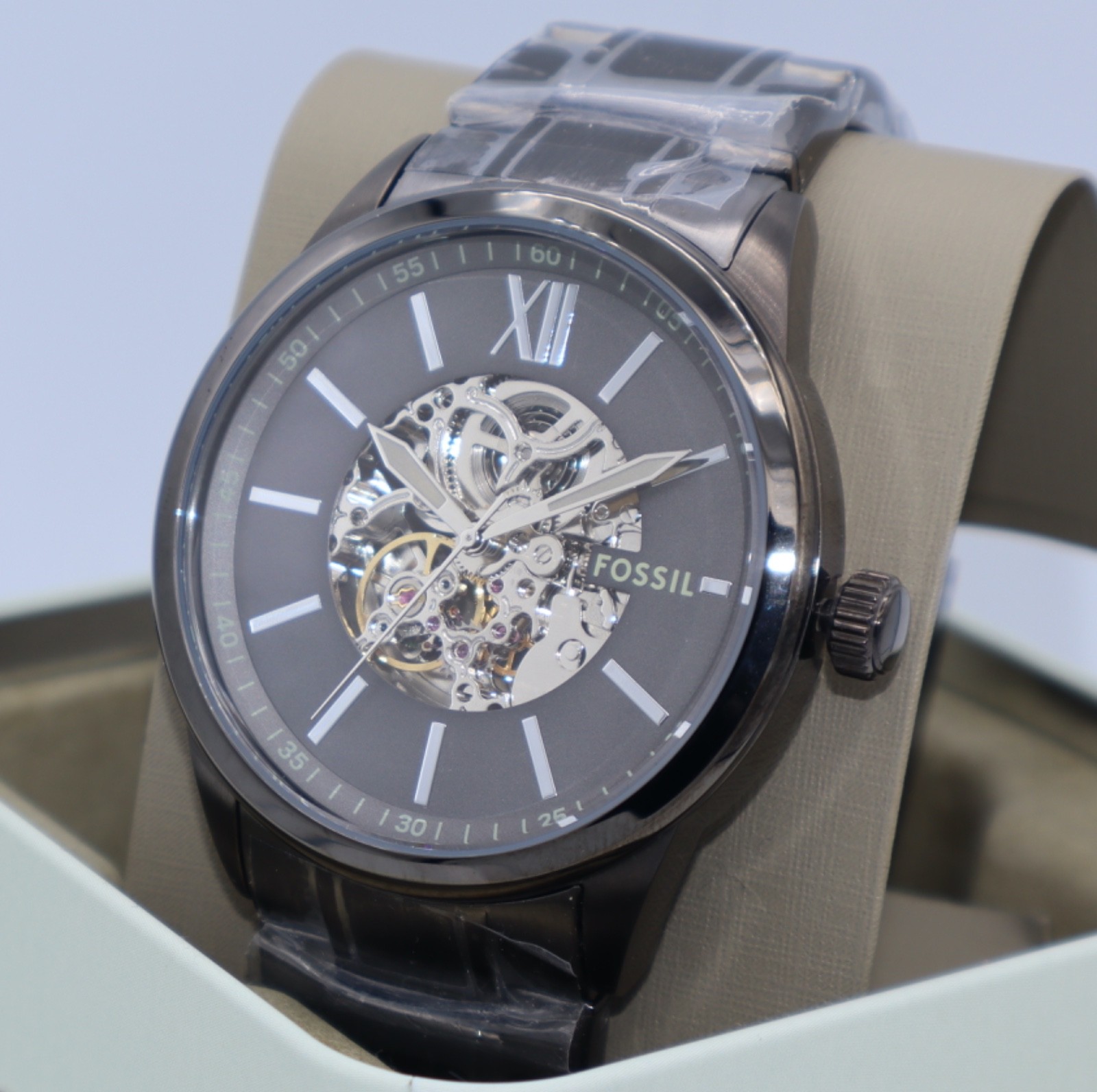 New Authentic Fossil Flynn Automatic Skeleton Grey Silver BQ2384 Men’s Watch