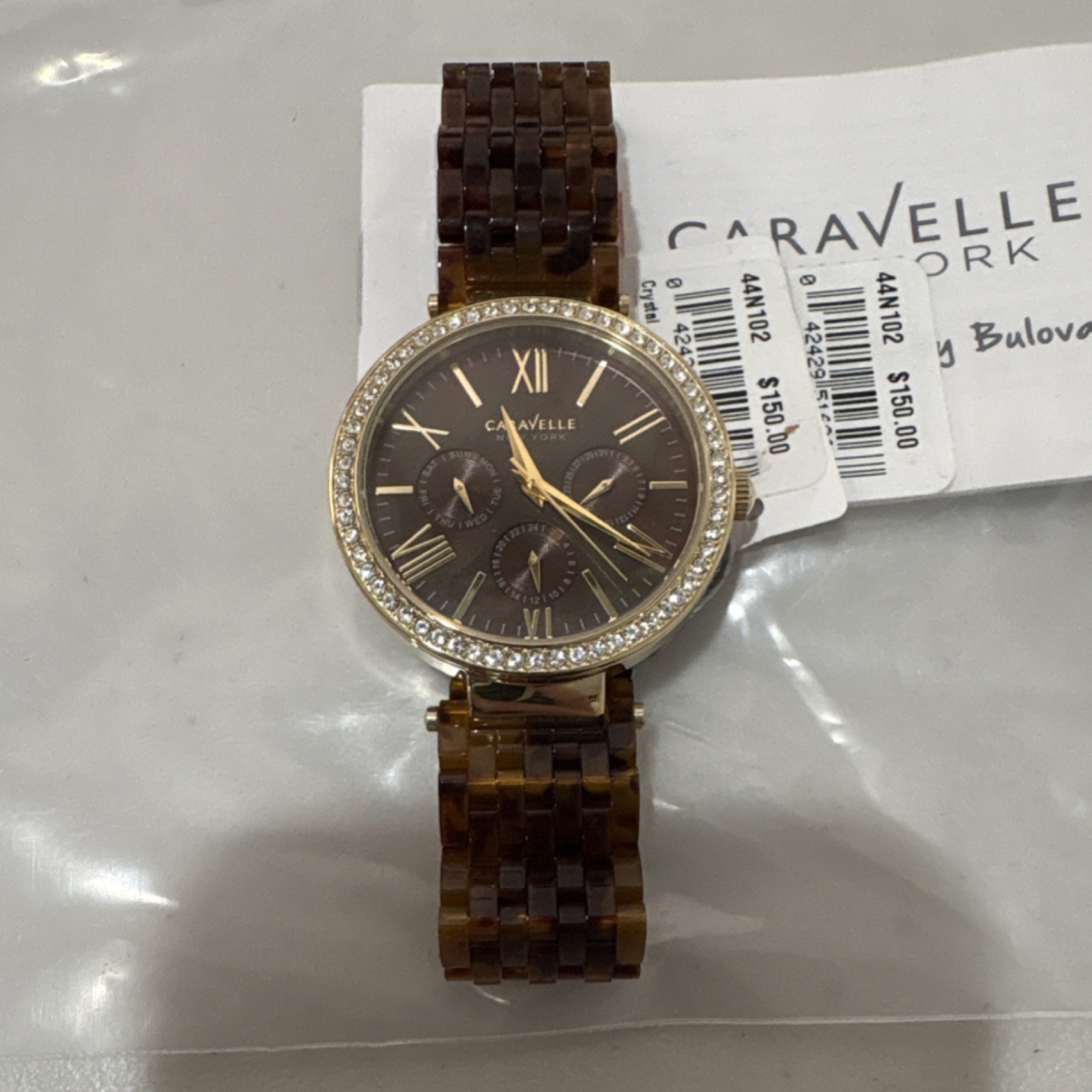 Caravelle New York Women’s Brown Gold Crystal Bezel Watch 44N102