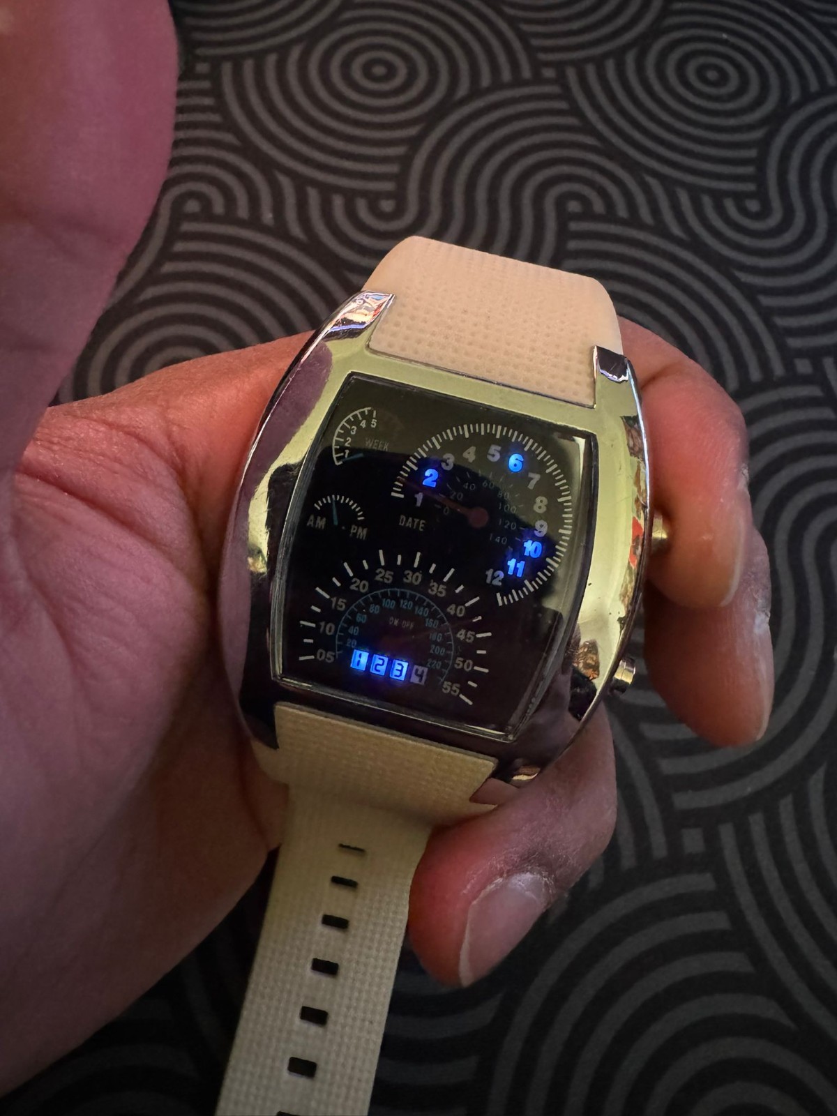 digital watch off white rubber strap, buttons, led and silver frame