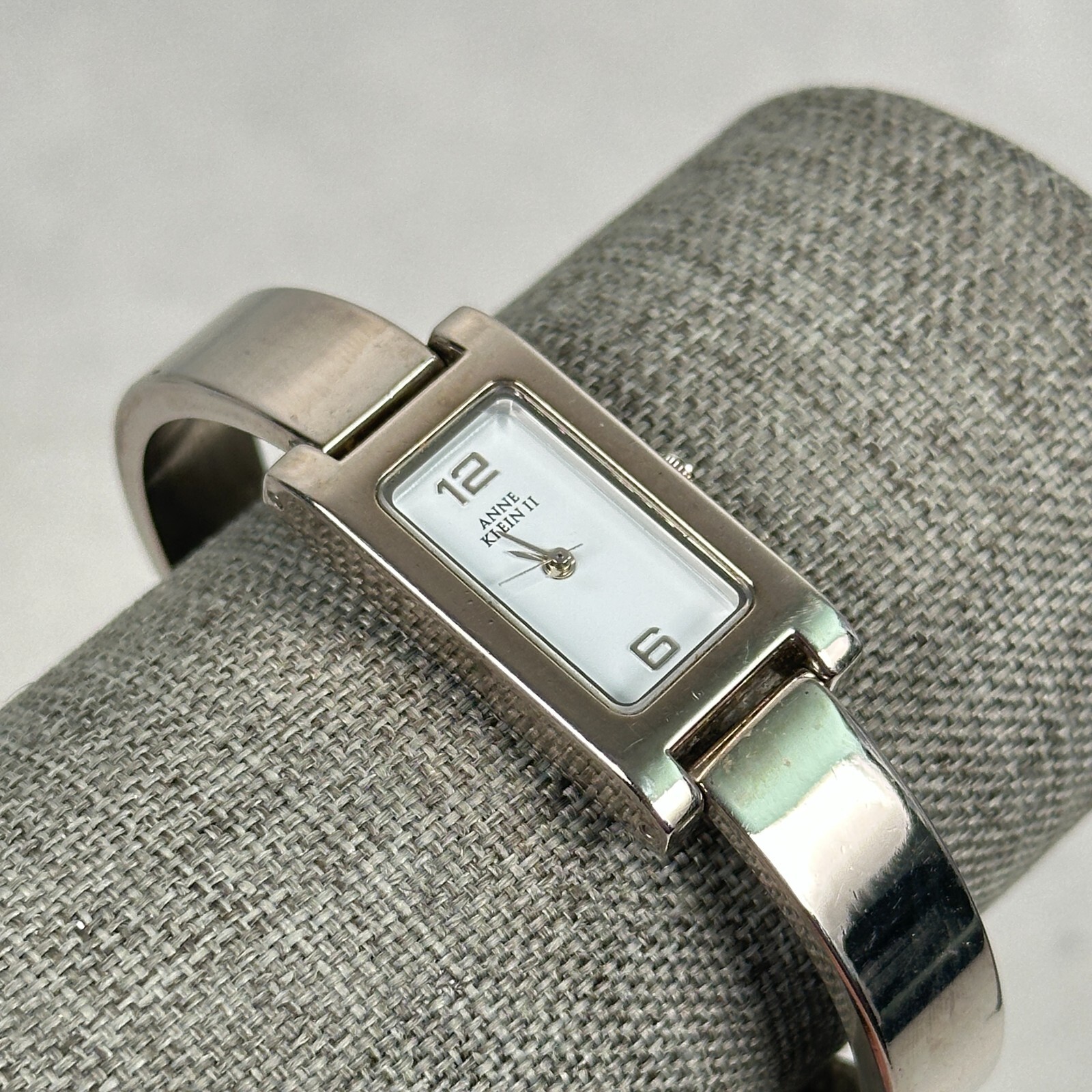 Anne Klein Watch Womens 16mm Rectangle White Dial Silver Tone 6″ New Battery
