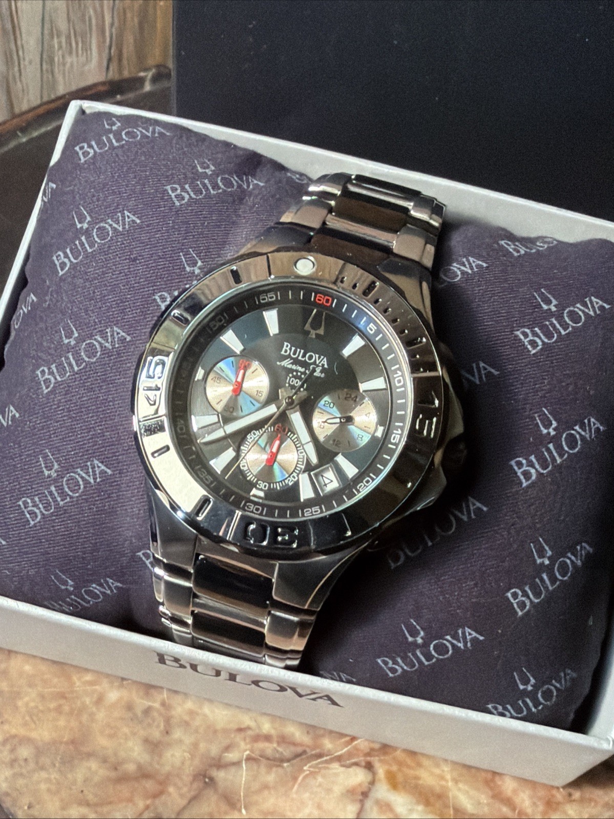Bulova Marine Star Chronograph Wrist Watch C975505 Stainless Steel Black 2 tone