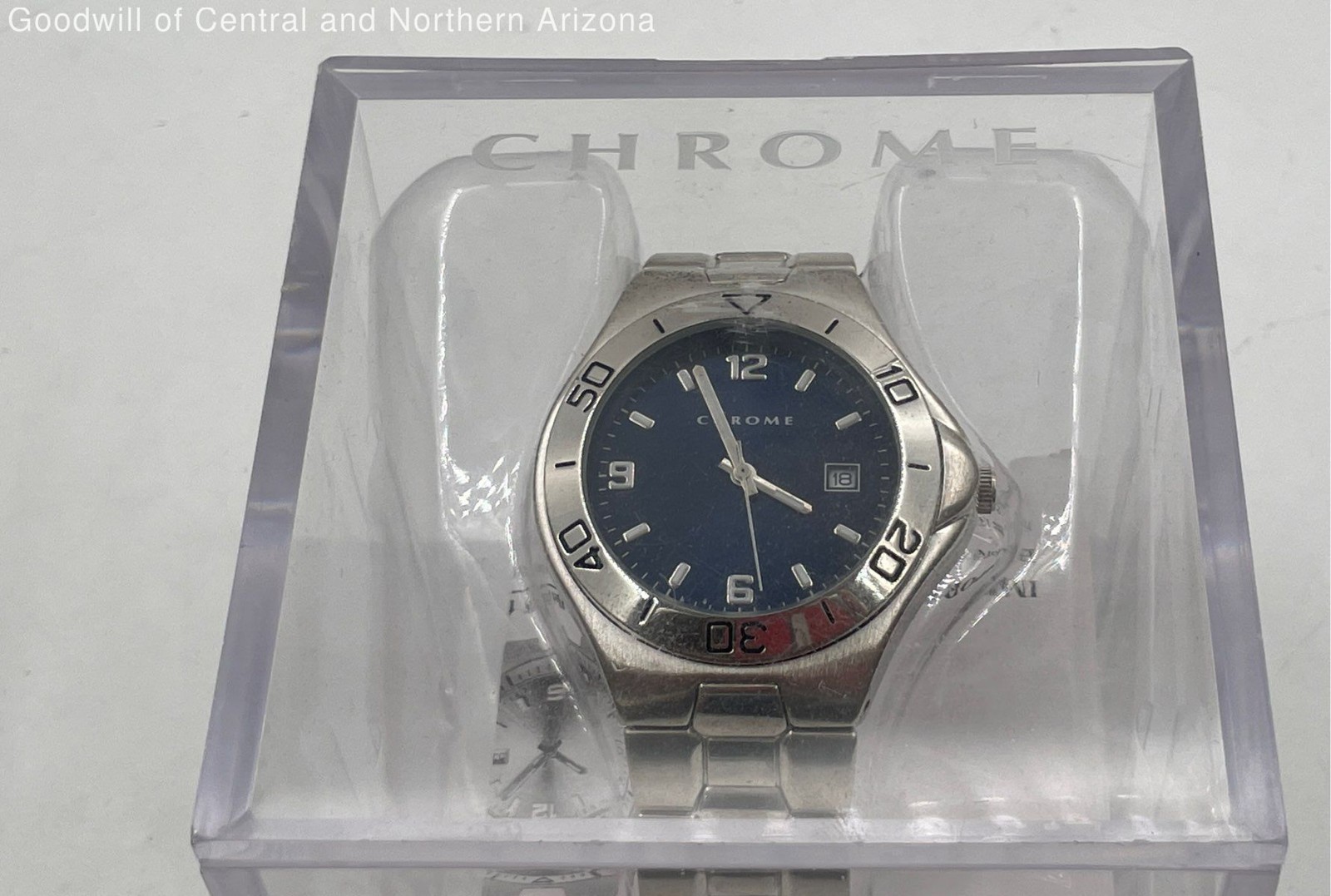 Chrome Silver Tone Blue Dial Date Men’s Watch I.O.B
