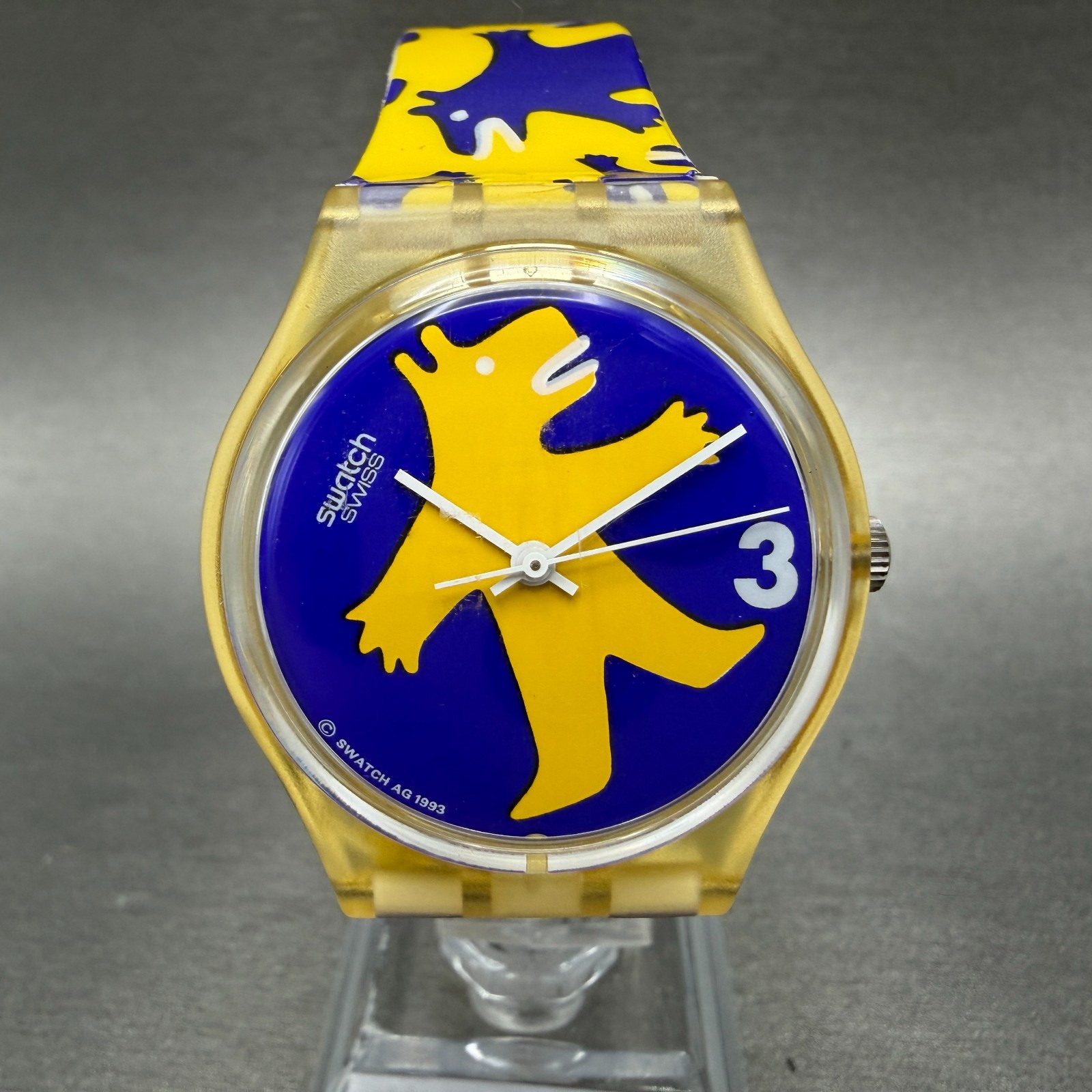 Swatch Gent Bestione Watch Men 34mm Blue Dial Yellow Tone Round GJ112 NewBatt