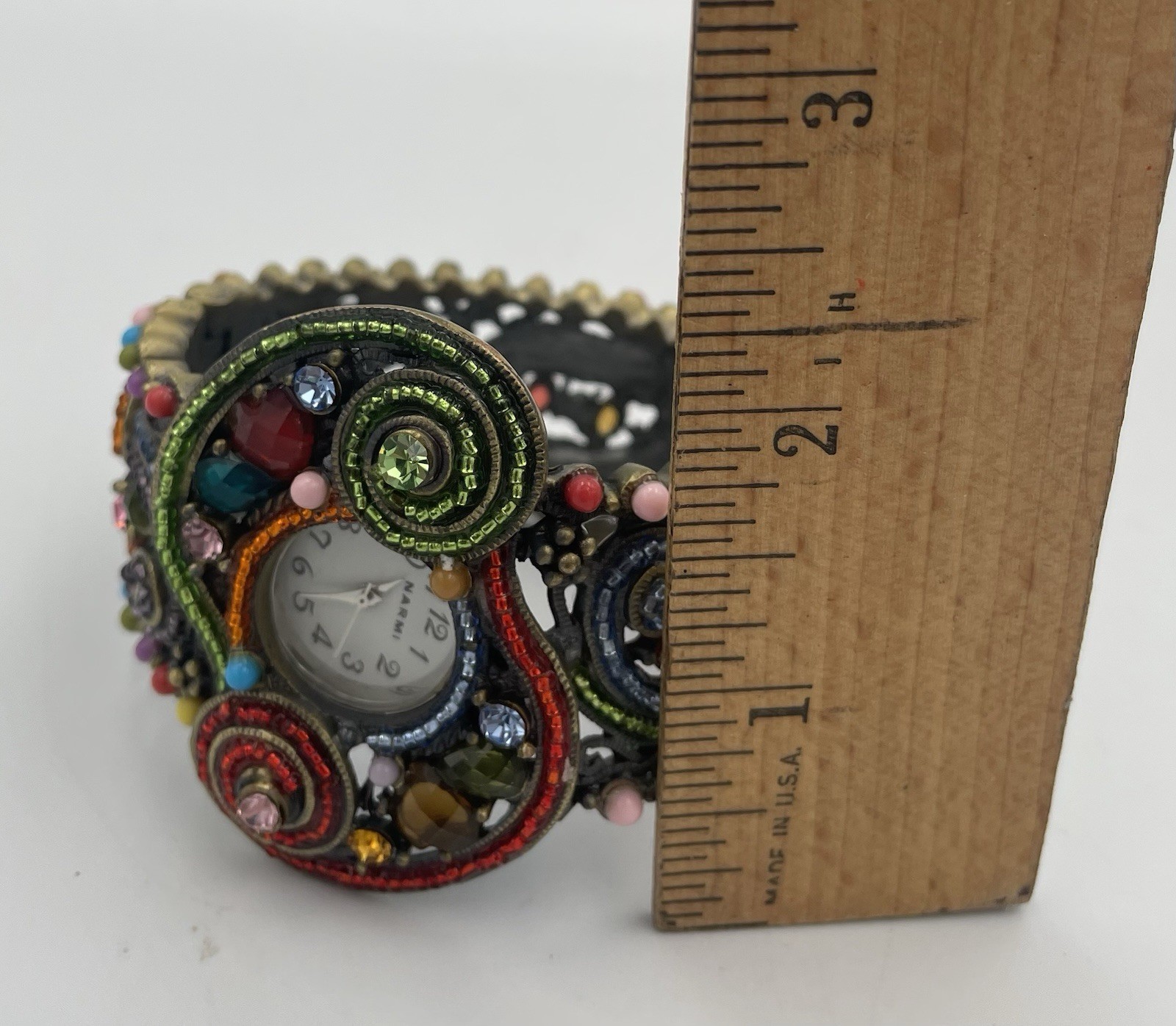 Narmi Quartz Beaded Hinge Bracelet Watch Brass Tone Multicolor Jewel New Battery
