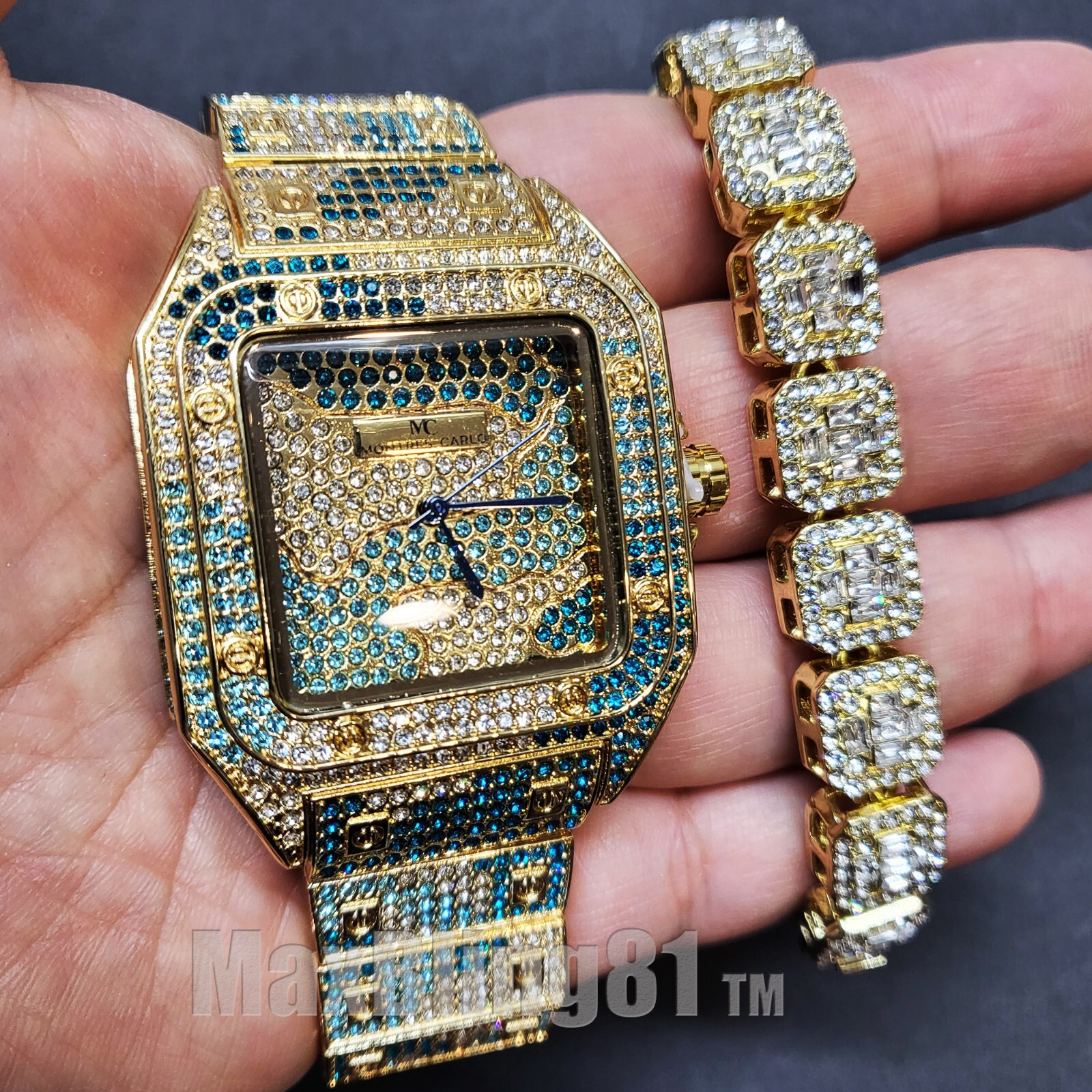 HIP HOP GOLD PLATED LUXURY BLING ICY WATCH & ICED CUBIC ZIRCONIA BRACELET SET