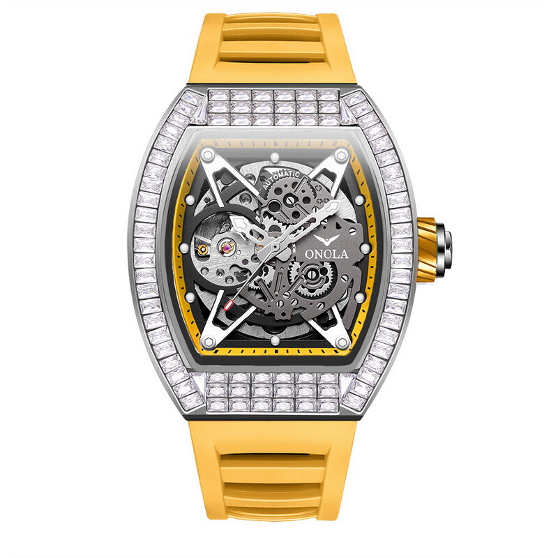 ONOLA Pavé Clear CZ Barrel Hollow Waterproof Luminous Automatic Mechanical Watch