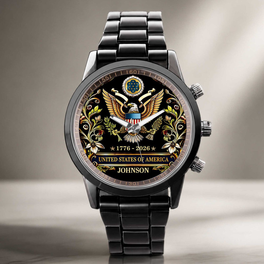 Personalized United States Of America Patriotic Black Stainless Steel Watch