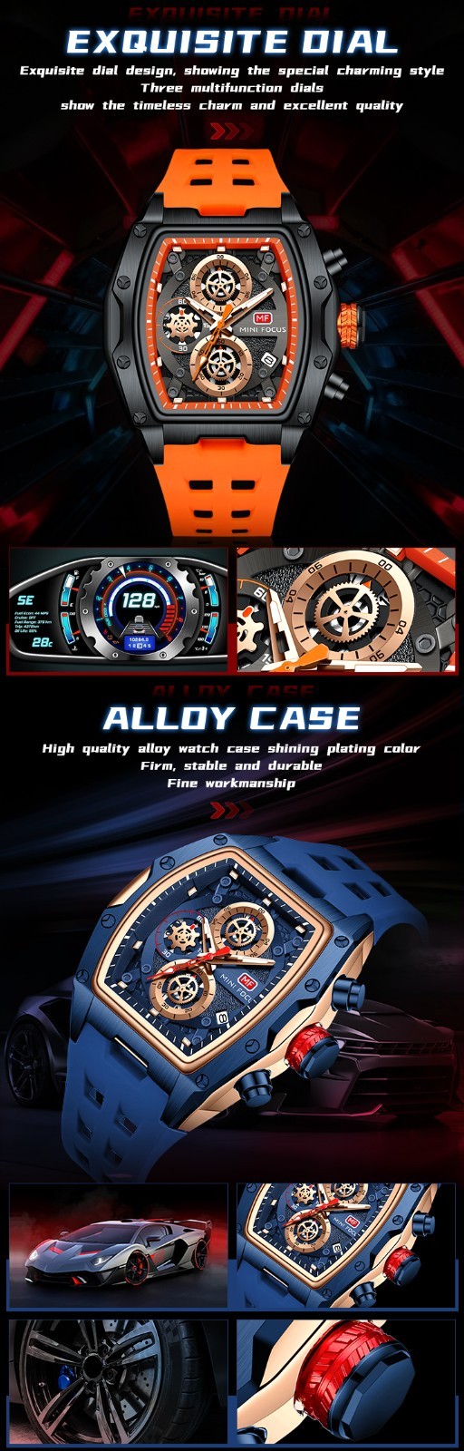 MINI FOCUS Men Tonneau Skeleton Multifunction Chronograph Calendar Quartz Watch