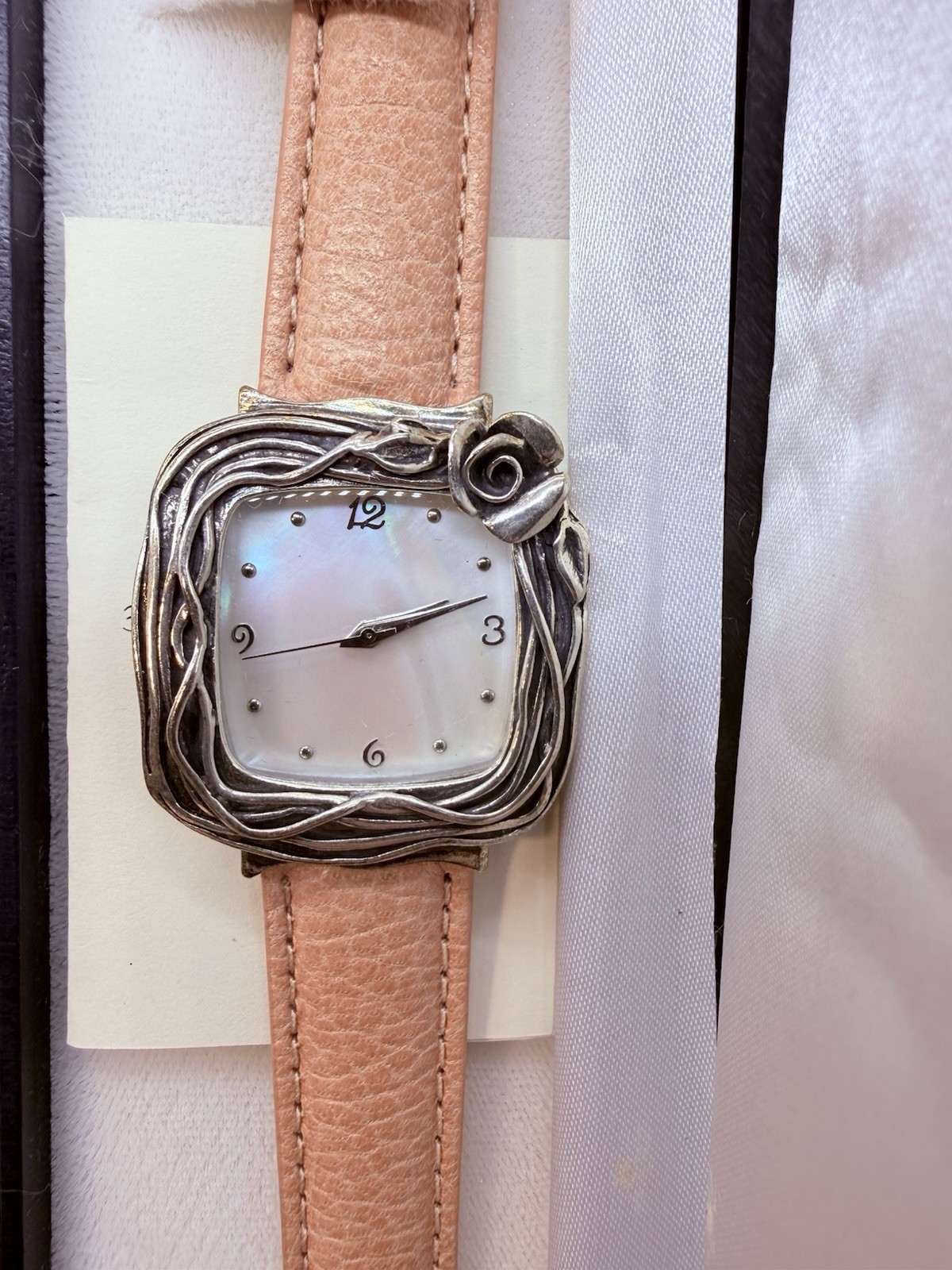 Or Paz Israel Silver Ladies Watch Pink Leather Strap Rose Mother of Pearl Face