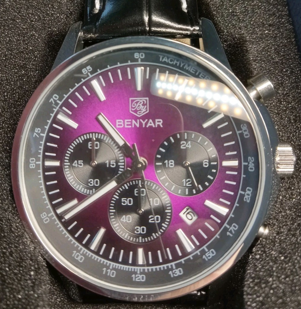 BENYAR Men’s Quartz Watch 44mm Luminous 50M Purple Dial SS Chronograph BY-5213