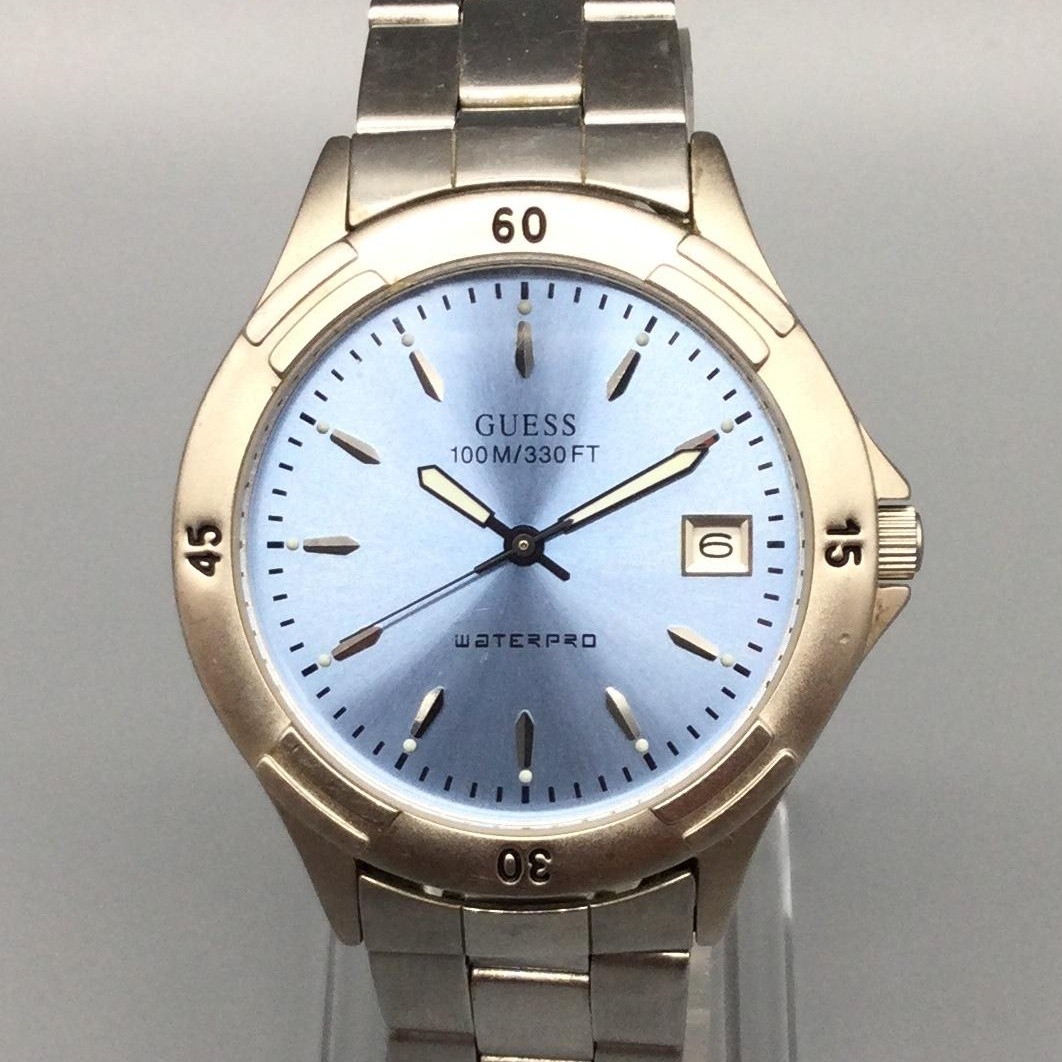 Guess Waterpro Mens Watch 37mm Blue Dial Gold Bezel G80170G New Battery 7.25″