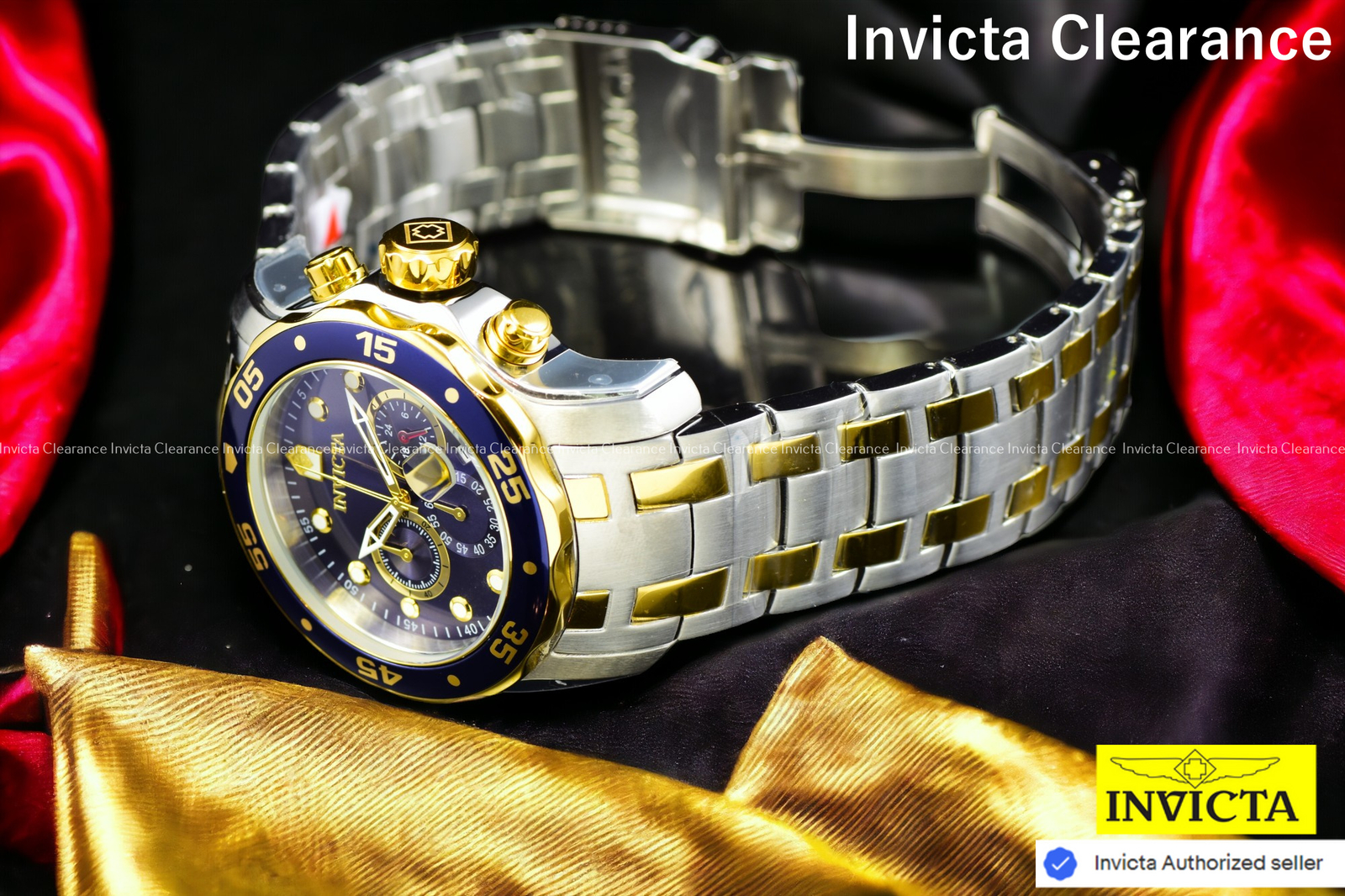 Invicta Men’s Pro Diver Scuba 0077 Quartz Blue Dial Gold Steel Bracelet Watch