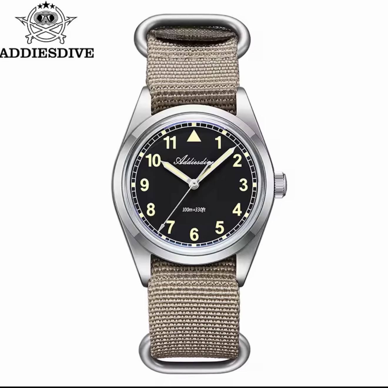 ADDIESDIVE 36mm VH31 Retro Pilot Field Watch AD2079- Black Dial, Tan NATO.