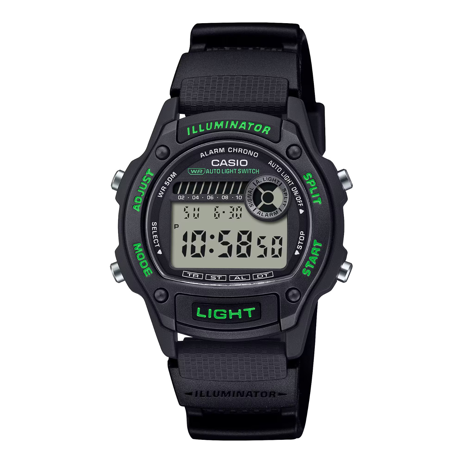 Casio W220H-1A3V, Chronograph Watch, Alarm, Illuminator, Date, Black Resin Band