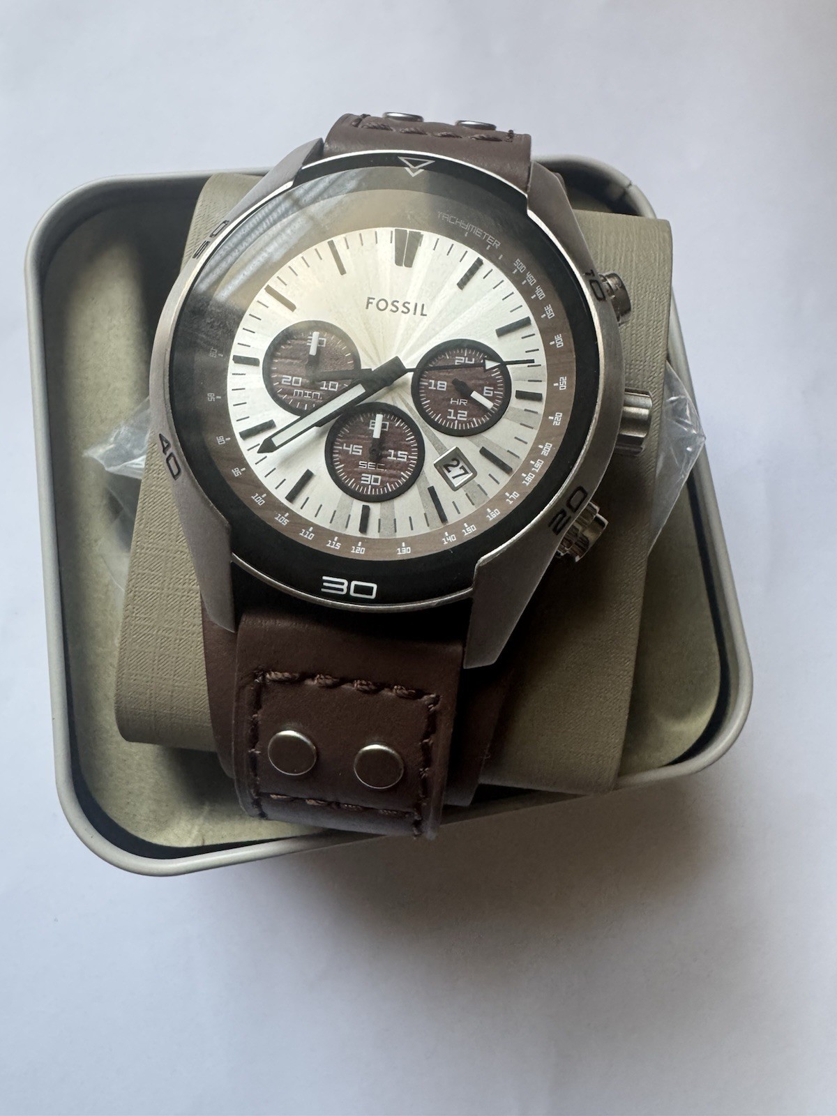 Fossil Mens Coachman Quartz Stainless & Brown Leather Chronograph Watch Preowned