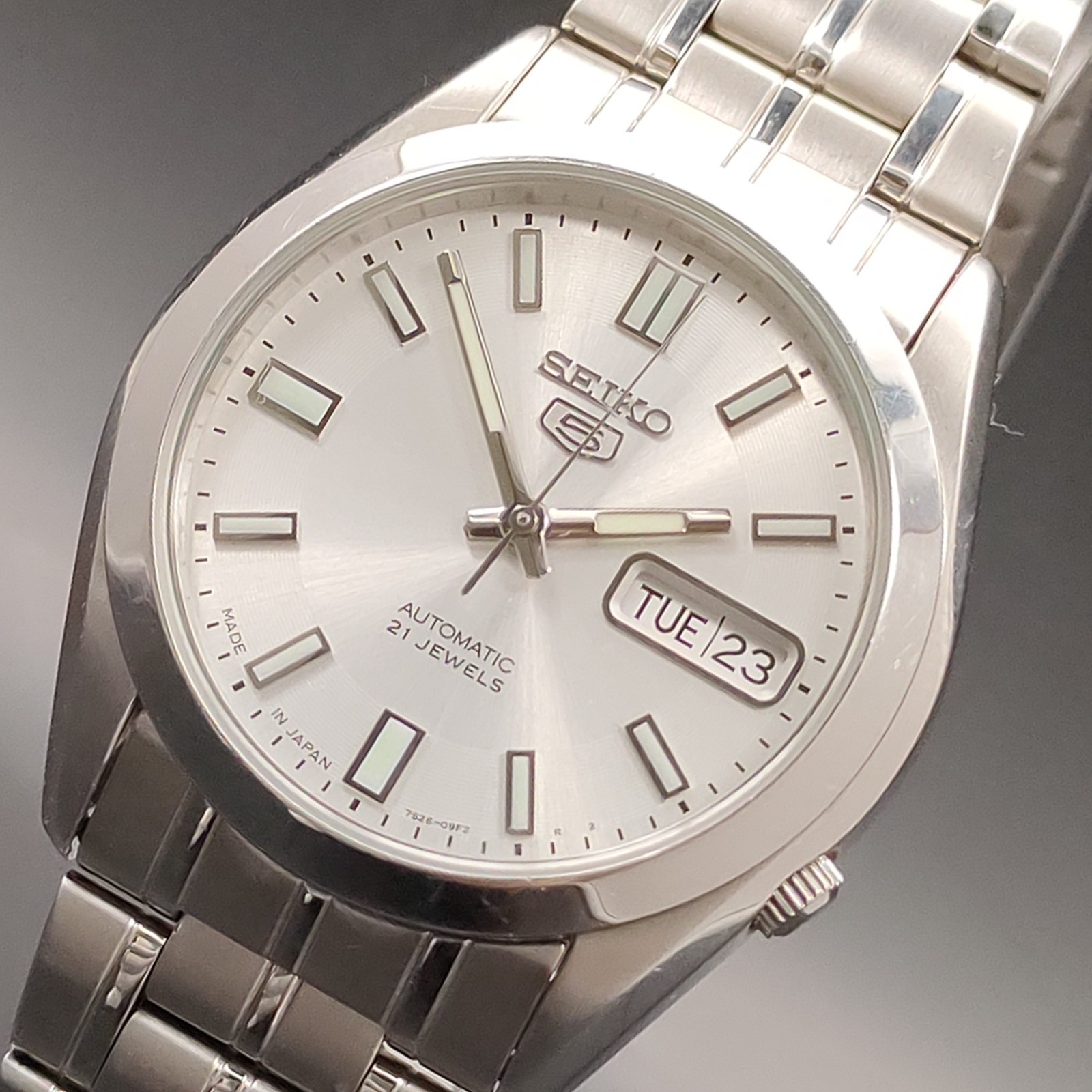 2016 NOS Seiko 5 7S26-03B0 Automatic Silver Day-Date 37mm Mens Watch JAPAN