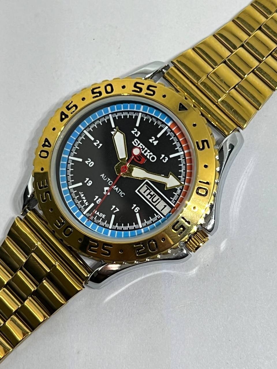 Automatic Seiko Refurbished Black Dial Day/ Date Men’s Wrist Watch Gold Plated