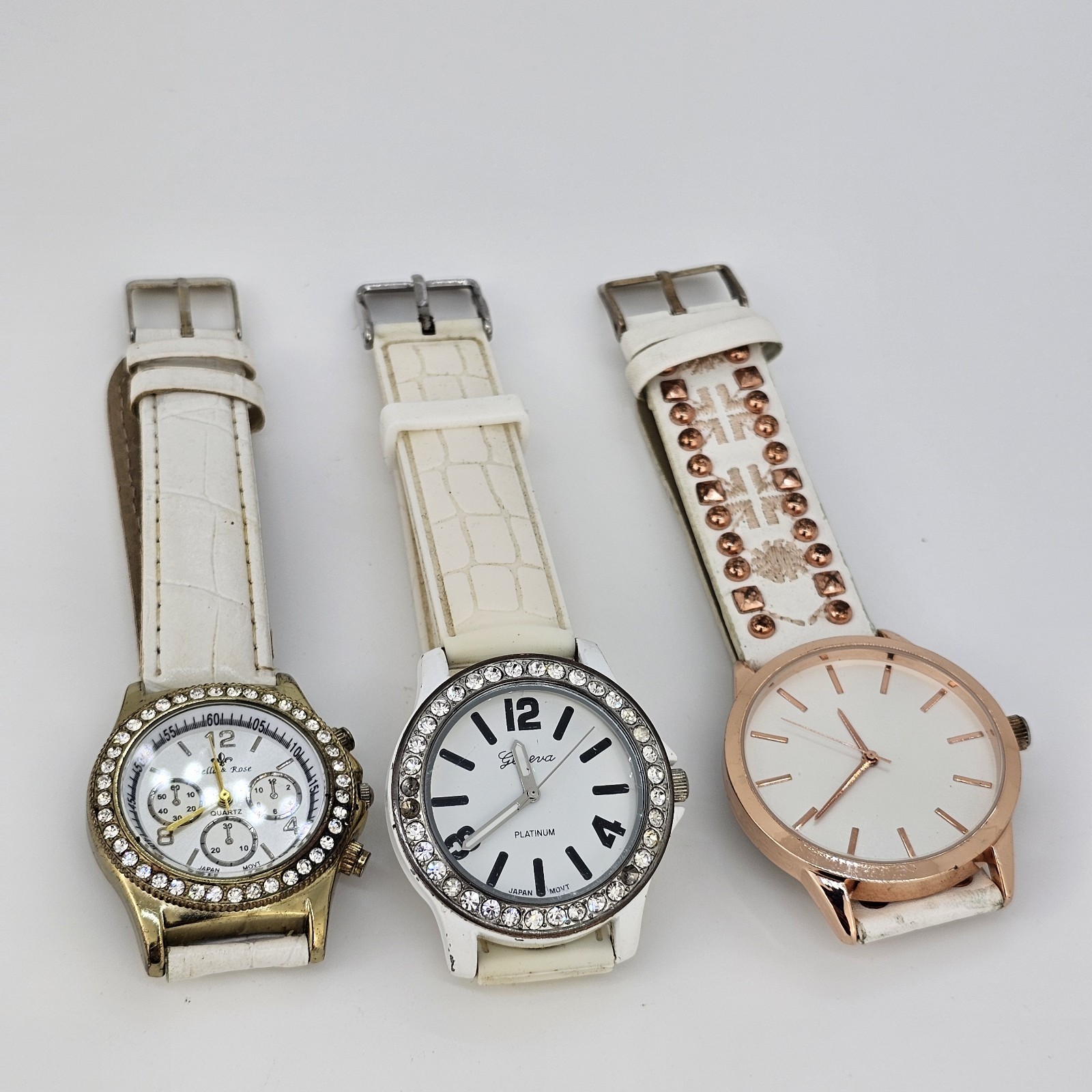 3X Watch Women Gray White Cream Dial White Plastic Faux Leather Bands NEWBattery