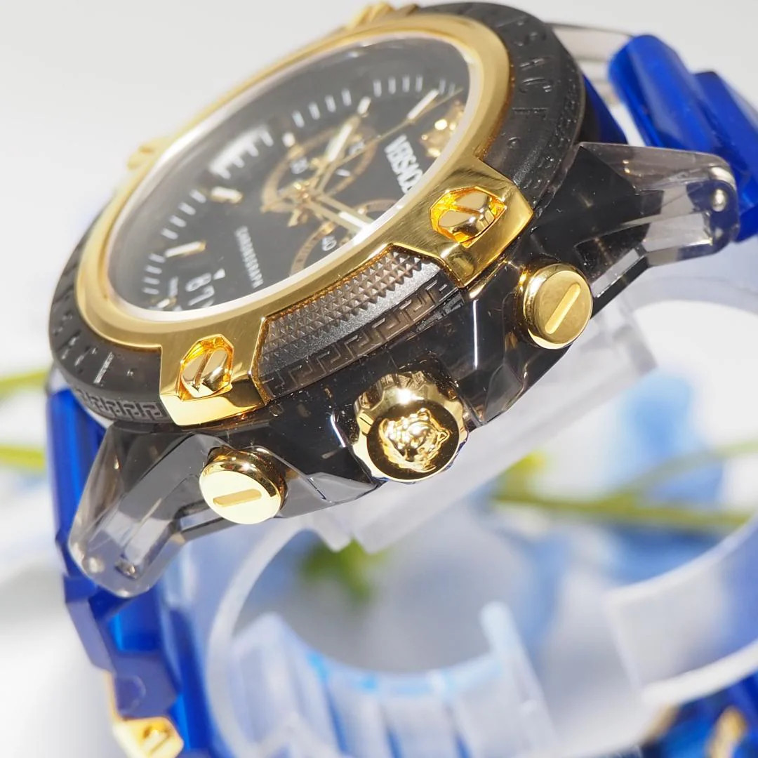 Versace Medusa Chronograph Quartz Black Case SS 46x55mm Black Dial Blue Strap