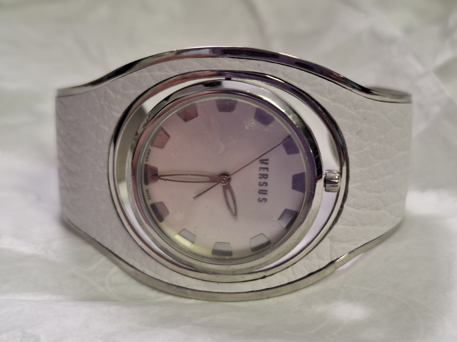 Versace Women’s Swivel Crystal Analog White Logo Leather Watch Cuff Bracelet