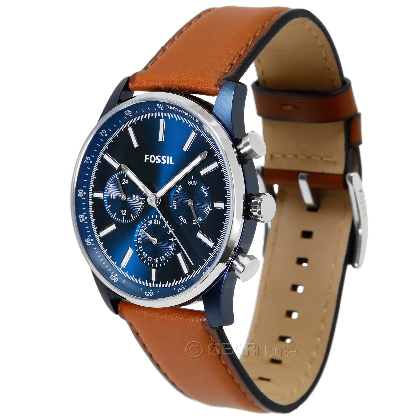 FOSSIL Sullivan Mens Multifunction Watch, Blue Dial Day Date Brown Leather Band