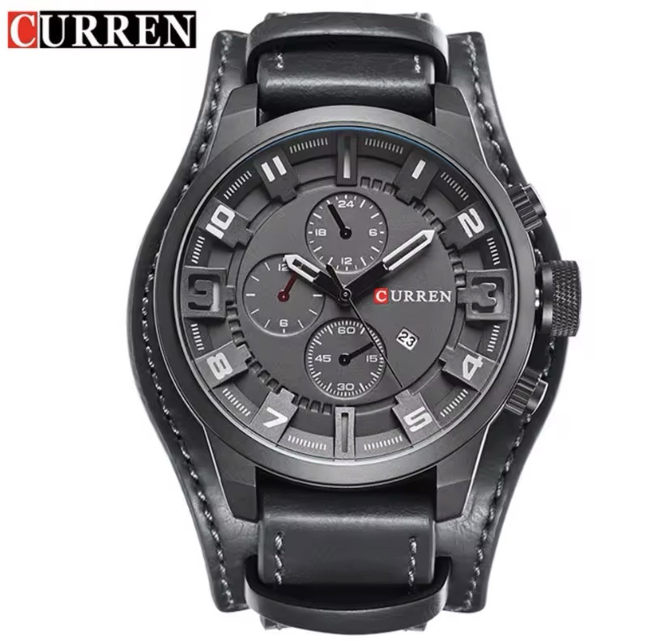 Curren men’s wristwatch, black dial, black leather band, chronograph, analog