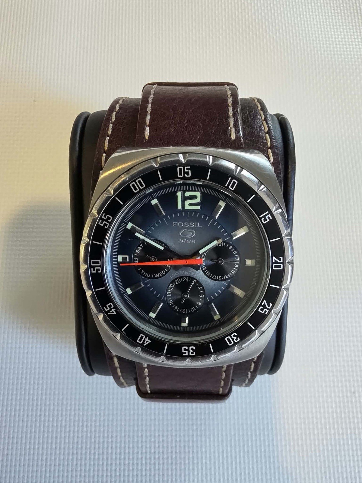 Vintage 90s Fossil Blue BQ9173 Multifunction 100m Mens Daydate Watch Silvertone